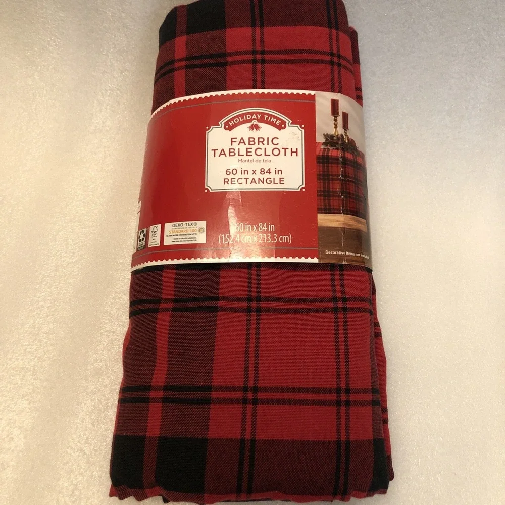 New Holiday Time‎ Buffalo Plaid Fabric Tablecloth Red Black Rectangle 60